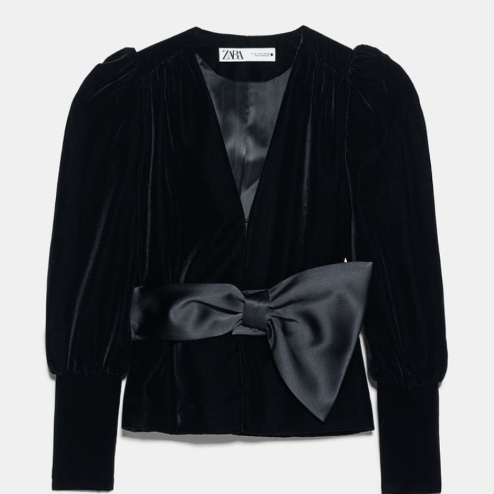 Zara Black Velvet Jacket and Skirt set-with Satin Bow Belt NWOT - Picture 4 of 7